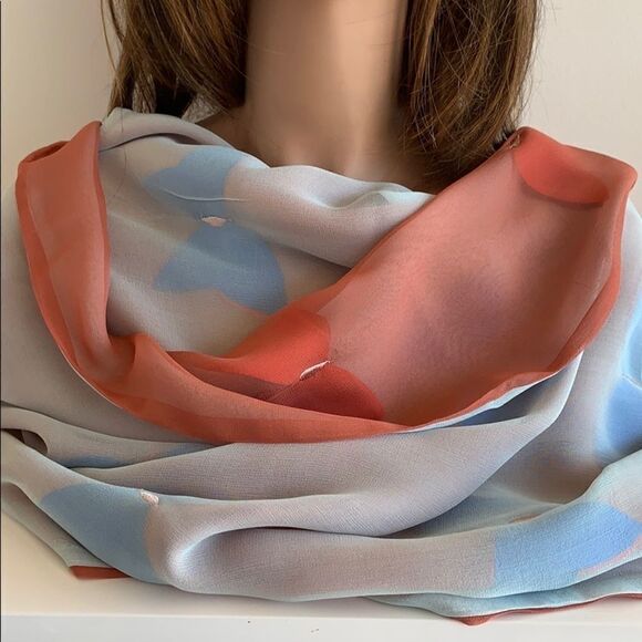 Reversible blue/coral brick butterfly very sheer silk chiffon scarf 22" x 66" - Picture 9 of 11